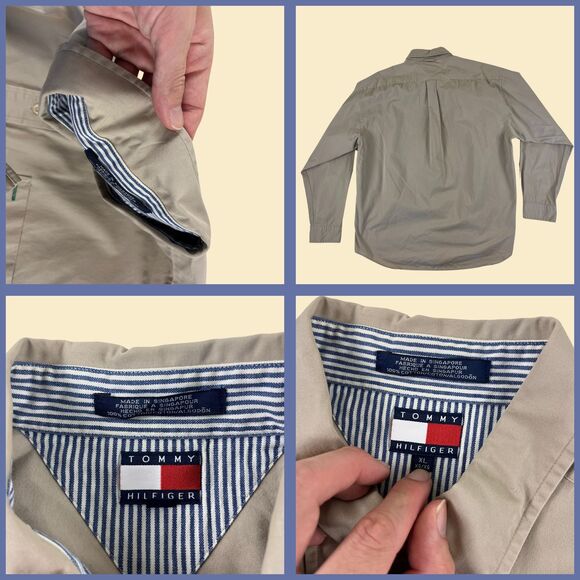 1990s XL Tommy Hilfiger shirt, vintage beige mens button down top - Picture 2 of 8